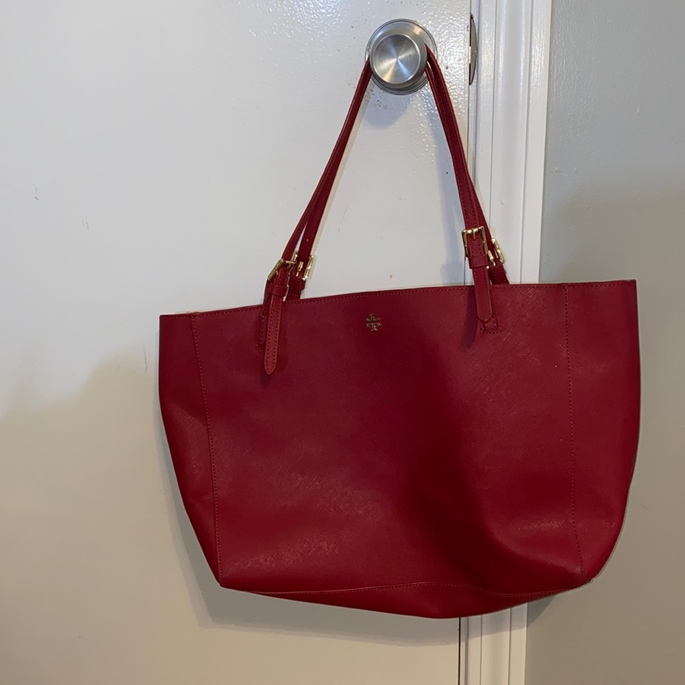 Tory Burch red york buckle tote laptop tote bag